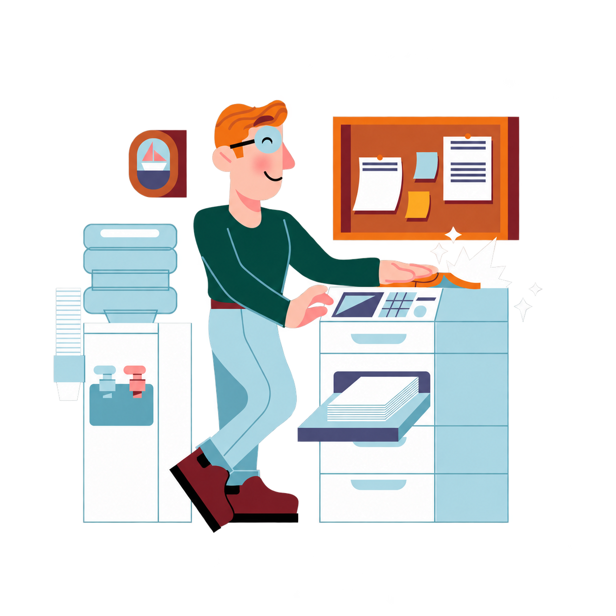 An illustrated technician beside an office copier